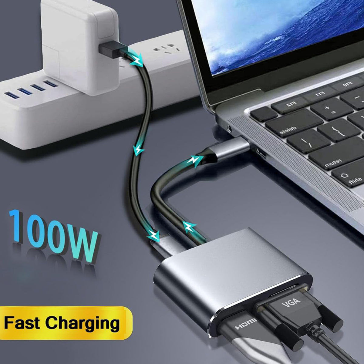4 in 1 USB C to HDMI VGA Adapter 4K 30Hz 1080P Dual Display Hub with 100W PD Charging USB 3.0 for MacBook Pro Air iPad Surface Dell XPS Switch Steam Deck