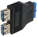 USB 3.0 20 Pin Header Female to Dual USB A Female Motherboard Adapter Internal Splitter Converter for PC Front Panel Black Blue