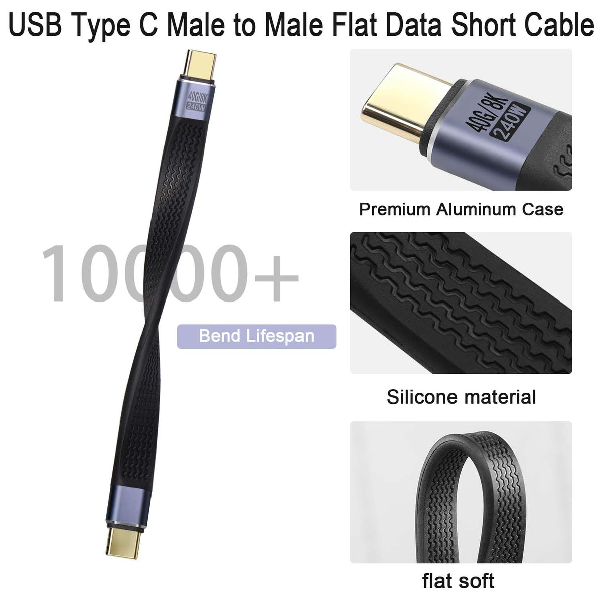 USB4 USB C Cable 240W 40Gbps 8K 60Hz 13cm Short Flat Type C Male to Male E Mark for Thunderbolt 3 4 MacBook Steam Deck Nintendo Switch