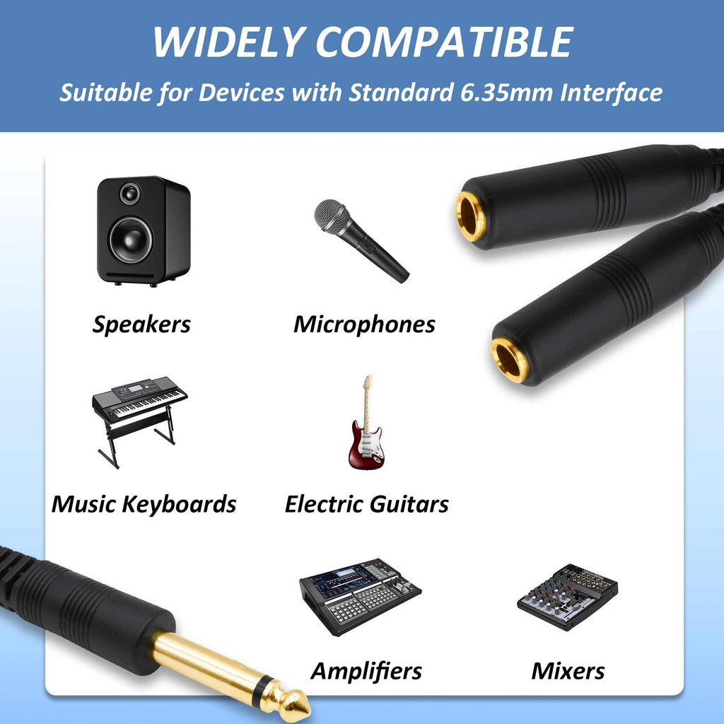 6.35mm 1/4 Inch TS Mono Y Splitter Cable 30cm 1/4 Male to Dual Female Audio Jack Adapter Cord for Electric Guitar Bass Amplifier Microphone Mixer