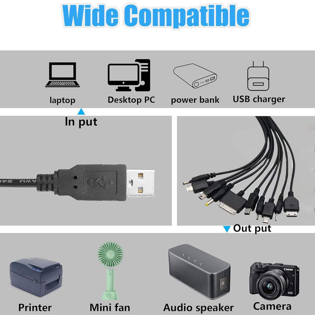 10 in 1 USB Multi Charging Cable Universal Charger Cord with 2 Micro USB USB C Mini USB DC Ports for Cell Phone Bluetooth Speaker MP3 MP4 Tablet