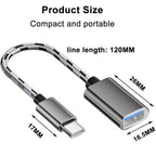 USB C to USB Adapter Aluminum Braided Type C Male to USB Female OTG Cable for iPhone 16 15 MacBook Samsung Galaxy Android Connect USB Drive Mouse Keyboard