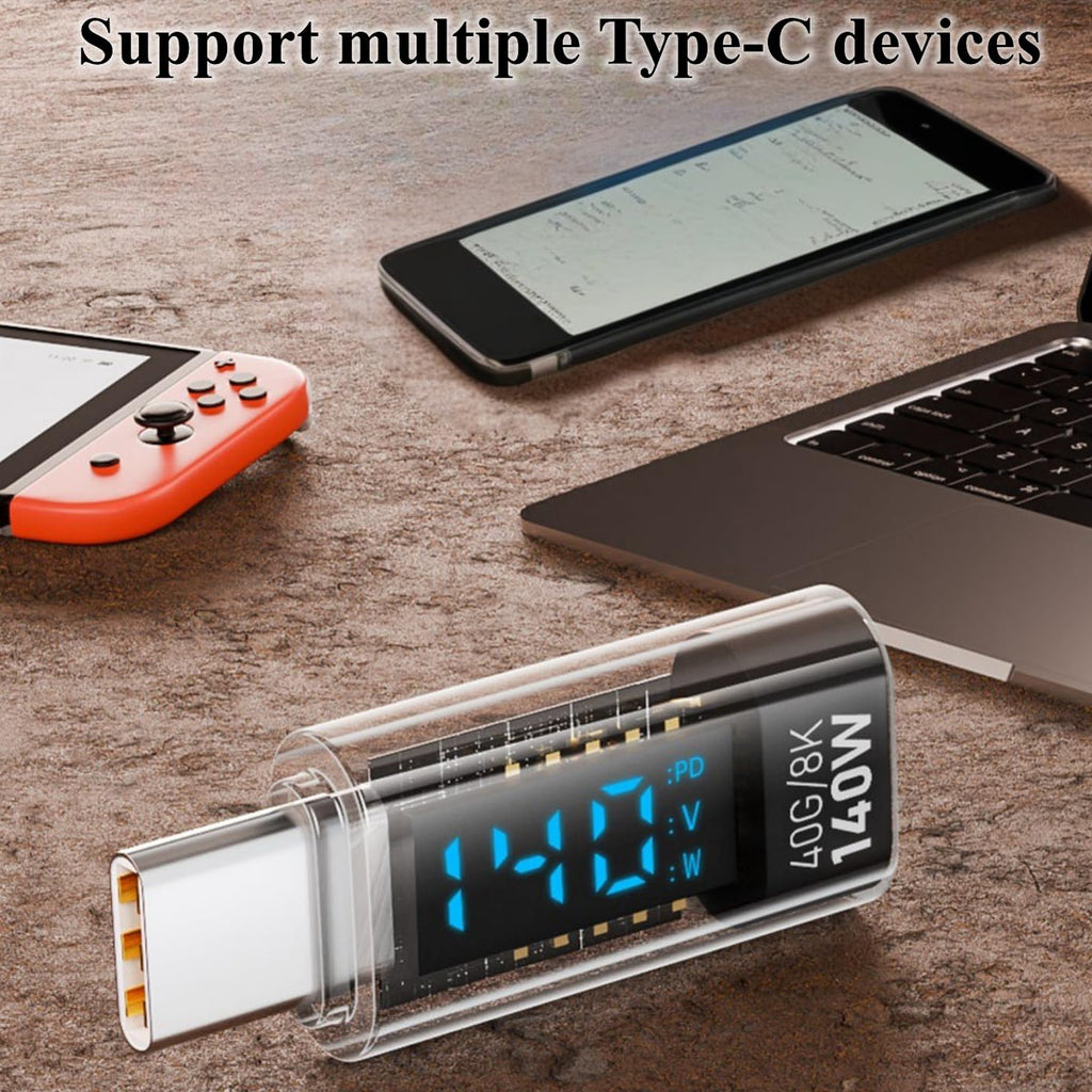 USB C Adapter LED Display 140W PD QC4 Fast Charging USB4 40Gbps 8K Video Transparent USB C Male to Female Power Meter for MacBook iPhone iPad