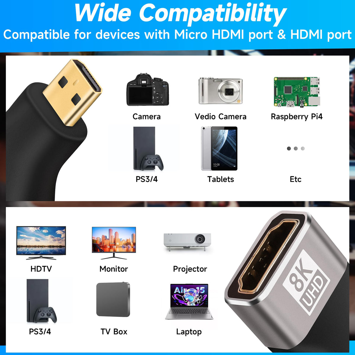 8K Micro HDMI to HDMI Adapter 4K 120Hz HDMI 2.1 Type D Male to Female Bidirectional Converter for GoPro Hero Sony A6000 Raspberry Pi 4 Camera Monitor