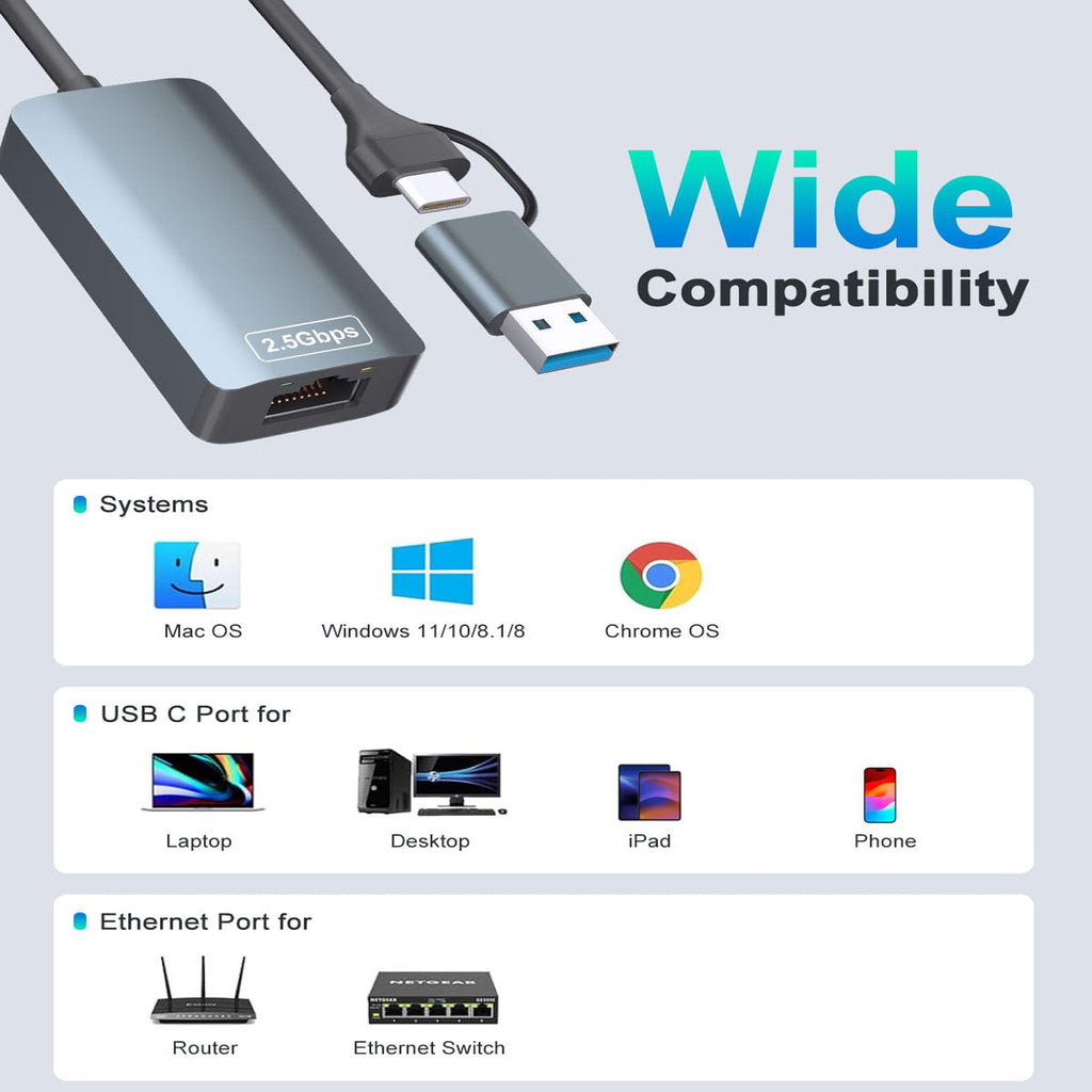 2.5Gbps USB C and USB A to Ethernet Adapter 2.5G RJ45 LAN Network Converter RTL8156BG for MacBook Pro Air Dell XPS Surface iPhone 15 16 iPad Pro PC