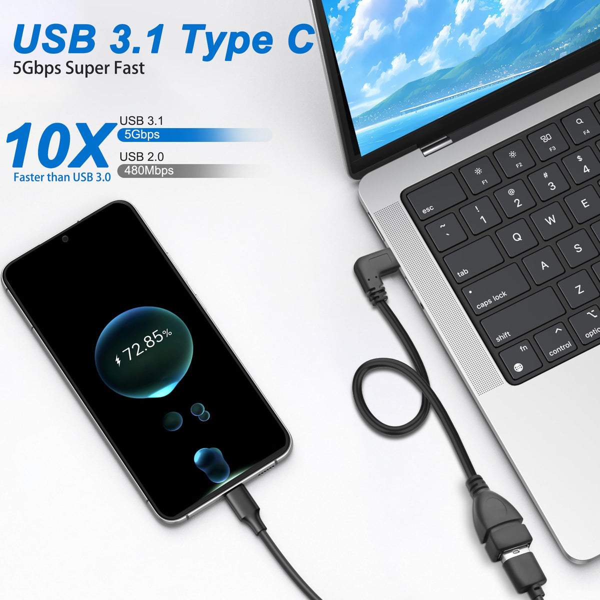 90 Degree USB C to USB 3.0 Adapter Cable Right Angle Type C Male to USB A Female OTG Cord 5Gbps 3A Fast Charging for Phone Tablet MacBook PC Laptop