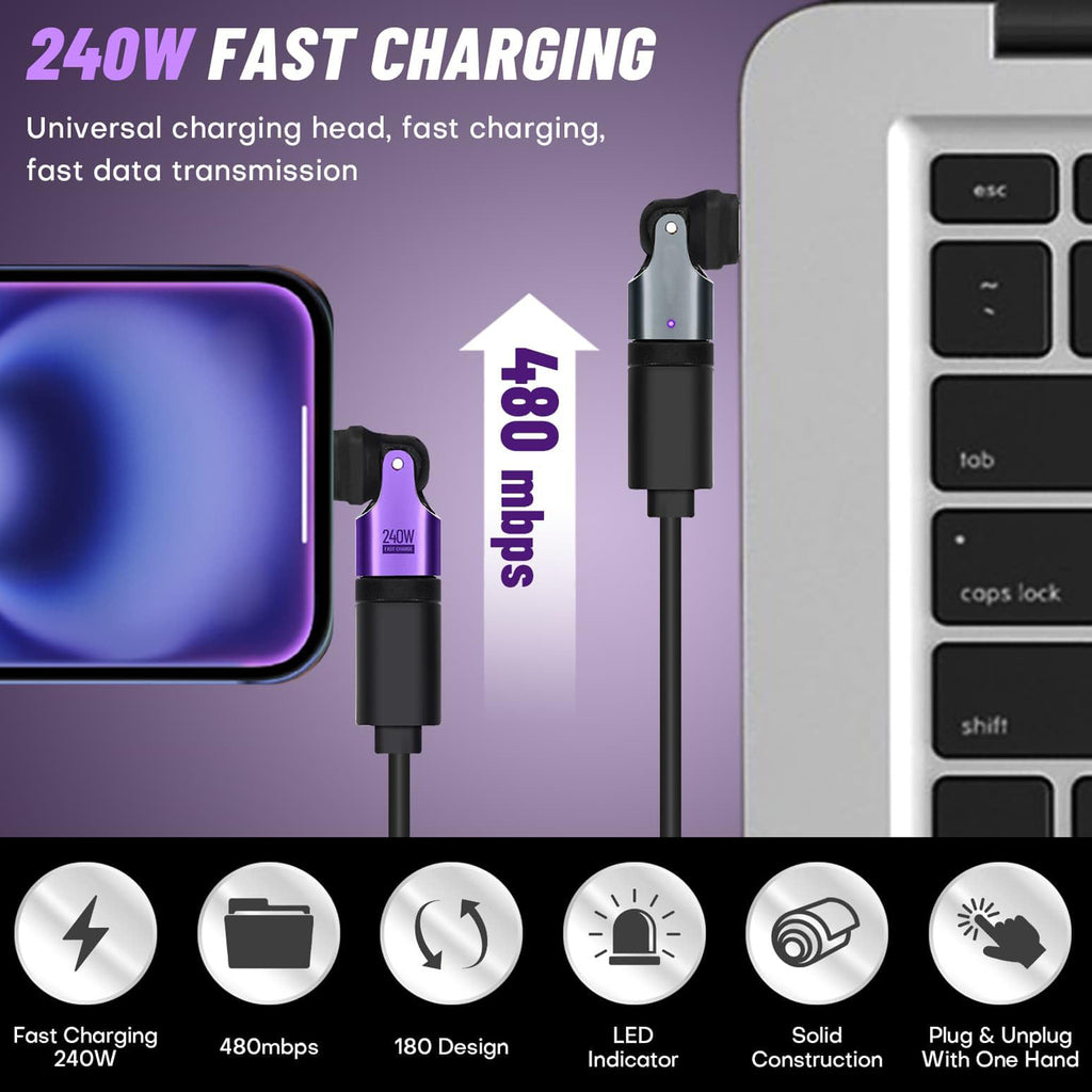 USB C to USB C Adapter 180 Degree Rotating 240W PD Fast Charging USB 2.0 480Mbps LED Indicator for MacBook iPad iPhone Samsung Galaxy Google Pixel