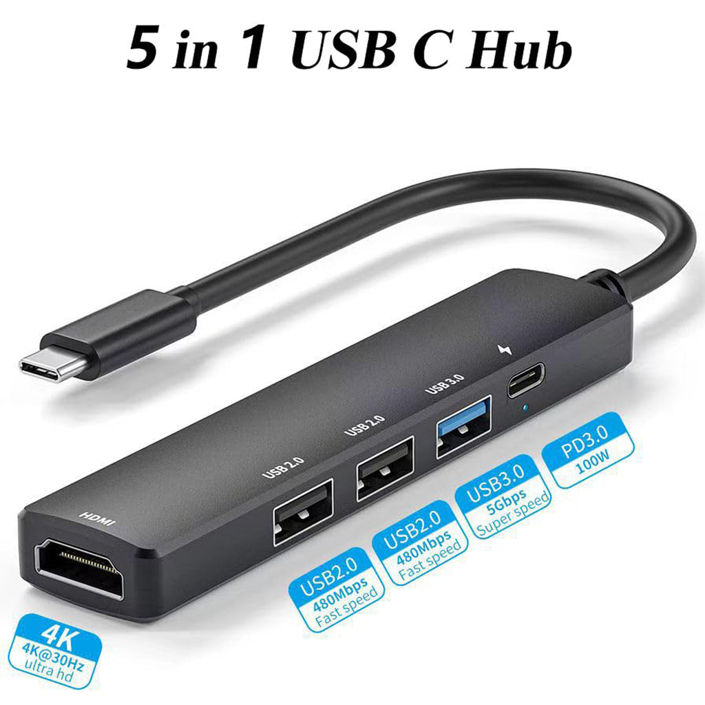 5 in 1 USB C Hub with 4K HDMI 100W PD Fast Charging USB 3.0 Dual USB 2.0 Multiport Type C Adapter for MacBook Pro Air M1 M2 iPad Pro XPS Surface Laptop