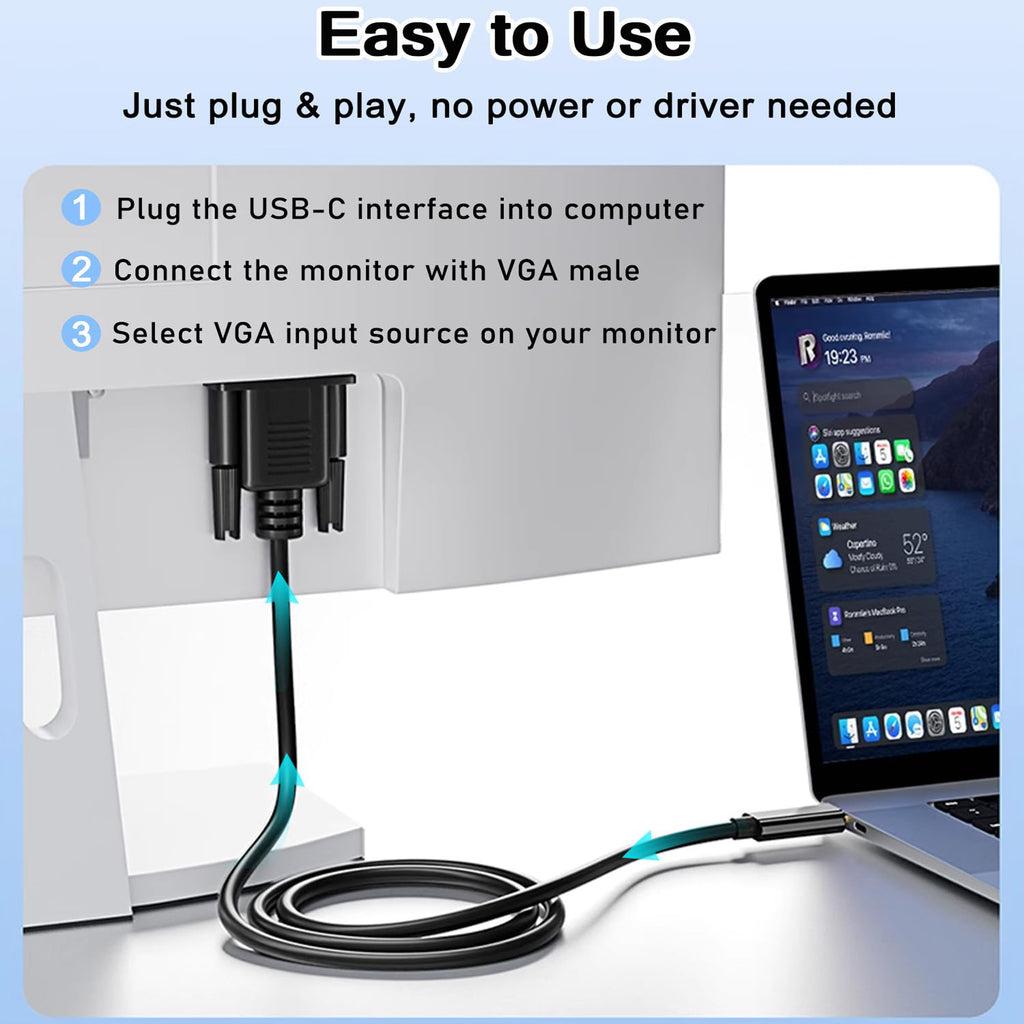 USB C to VGA Cable 1080P 60Hz Type C Male to VGA Male Video Cord for Monitor Projector MacBook Pro Dell XPS iPhone 15