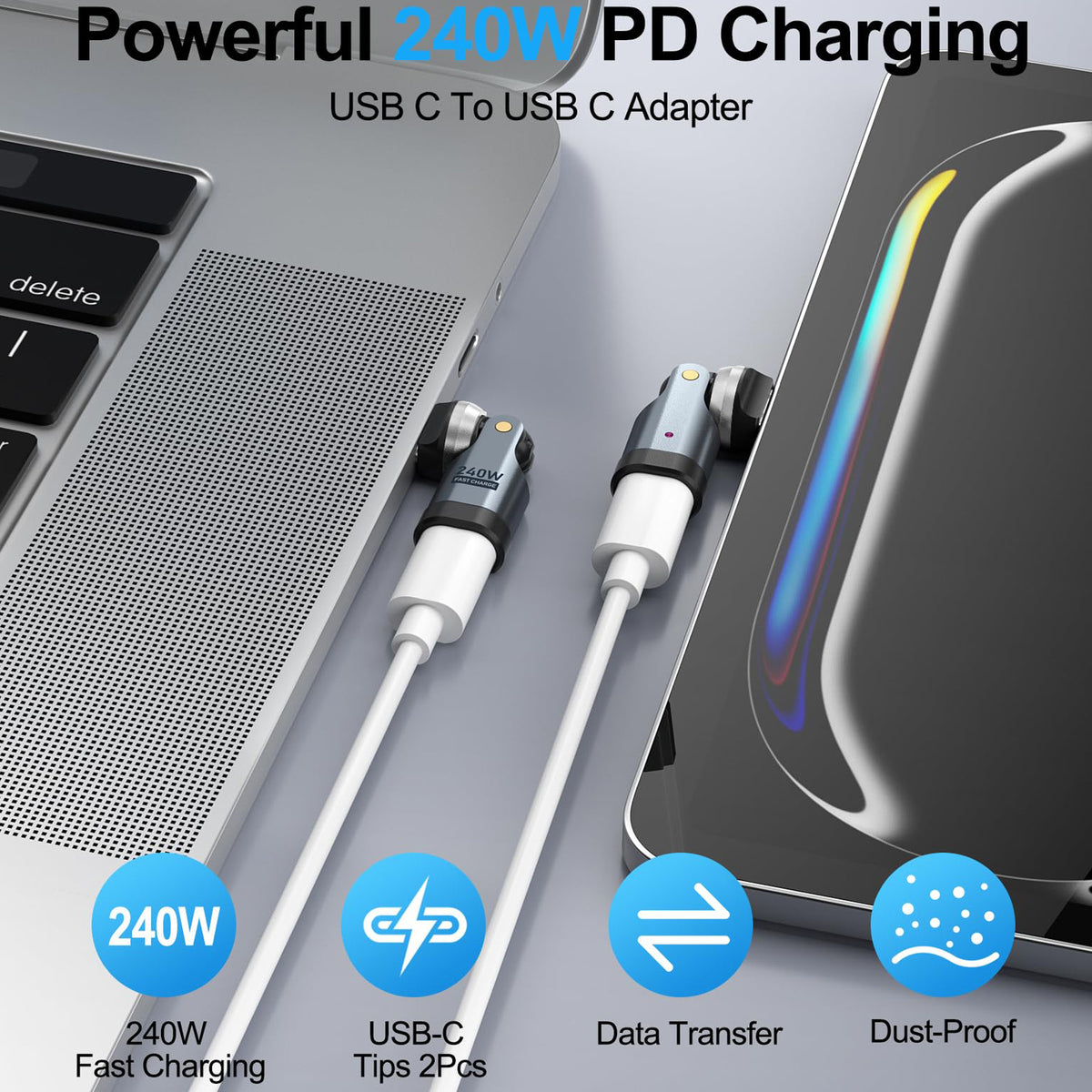 USB C Right Angle Adapter 240W PD Fast Charging 360 Degree Rotating 90 Degree for MacBook iPad iPhone 17 16 15 Samsung Galaxy Steam Deck Laptop