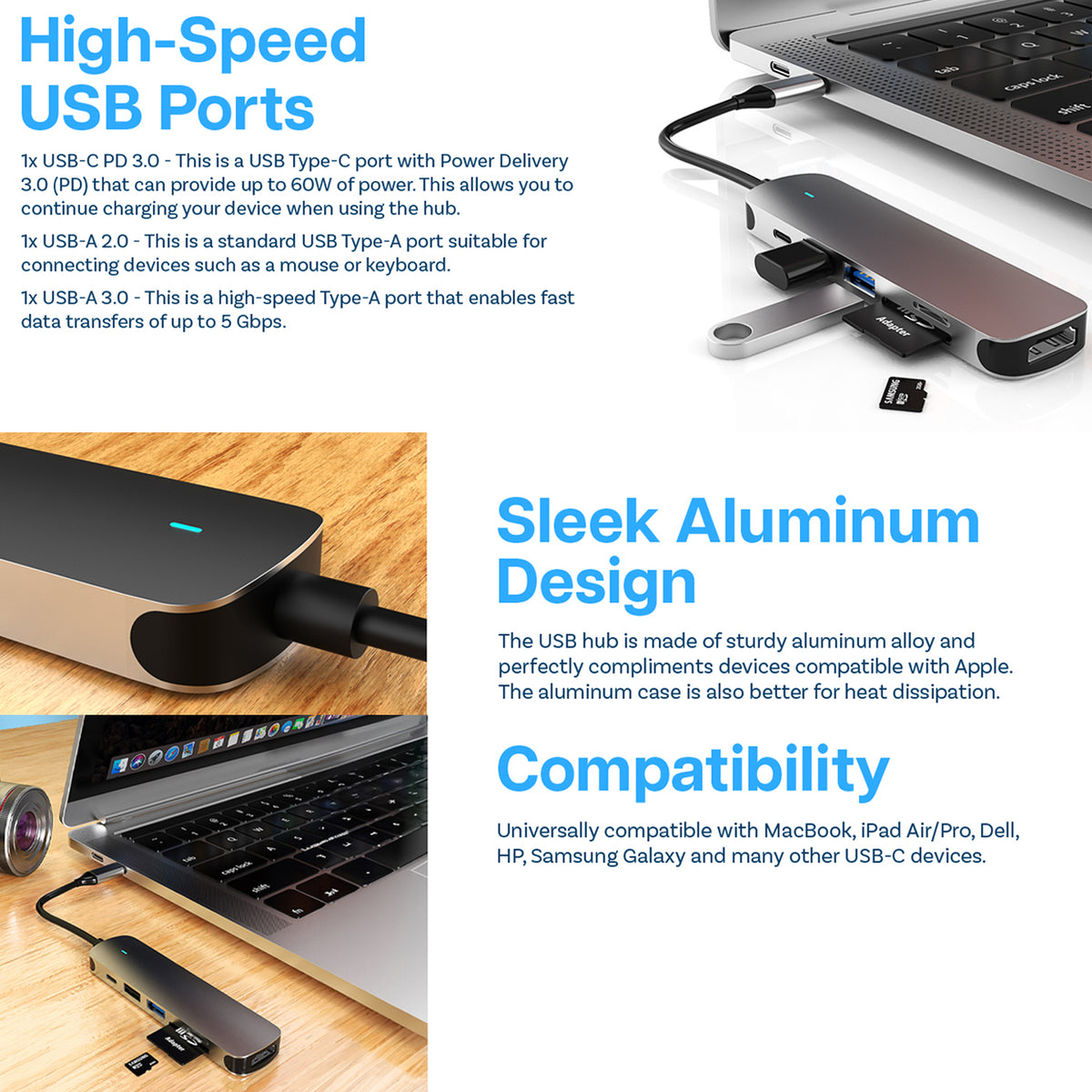 USB C Hub 6 in 1 Multiport Adapter with 4K HDMI USB A 3.0 USB A 2.0 SD microSD Card Reader 60W PD Charging for MacBook Pro Air iPad