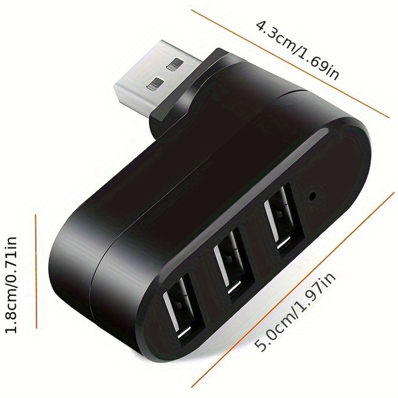 3-Port USB 2.0 Hub 90°/180° Rotatable Connector – Compact Portable USB Splitter 480Mbps for PC Laptop Notebook Mac