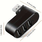 3-Port USB 2.0 Hub 90°/180° Rotatable Connector – Compact Portable USB Splitter 480Mbps for PC Laptop Notebook Mac