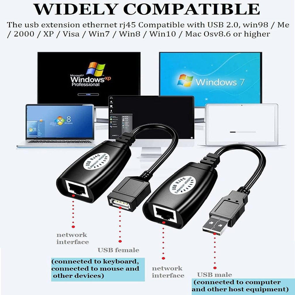 USB 2.0 Extender Over RJ45 Cat5 Cat5e Cat6 Cable Extension Adapter Set Up to 50m 164ft for PC Laptop Printer Mouse Keyboard Webcam