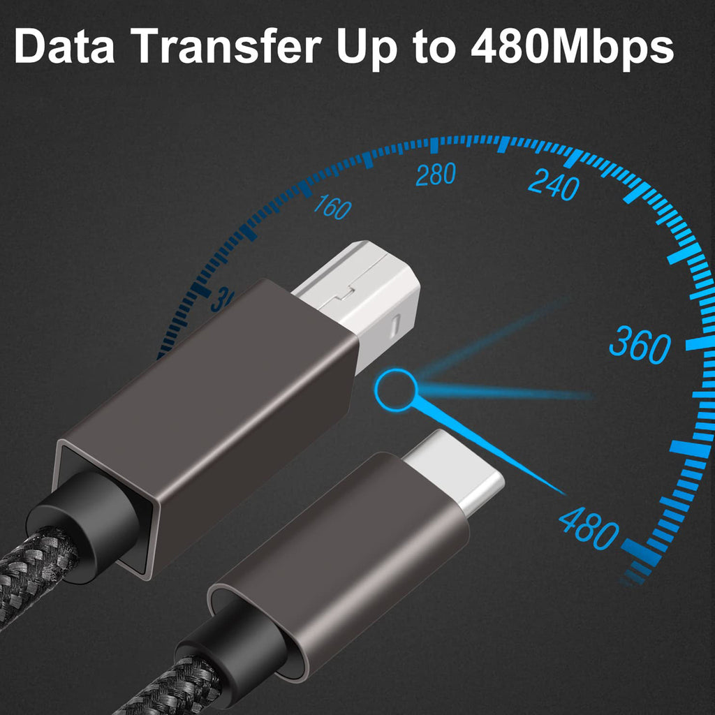 USB C to USB B Printer Cable Nylon Braided USB-C to USB-B 2.0 MIDI Scanner Cord for MacBook Pro PC Laptop HP Canon Epson Brother Yamaha Casio