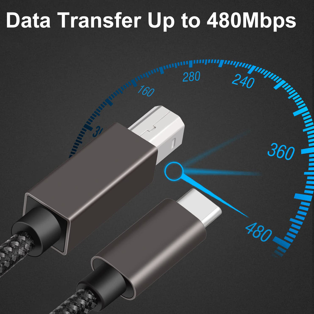 USB C to USB B Printer Cable Nylon Braided USB-C to USB-B 2.0 MIDI Scanner Cord for MacBook Pro PC Laptop HP Canon Epson Brother Yamaha Casio