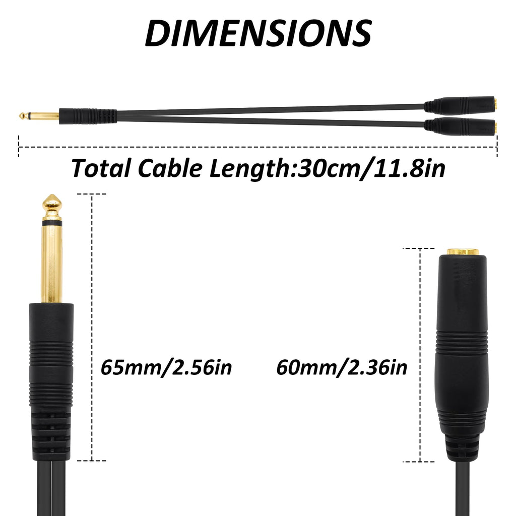 6.35mm 1/4 Inch TS Mono Y Splitter Cable 30cm 1/4 Male to Dual Female Audio Jack Adapter Cord for Electric Guitar Bass Amplifier Microphone Mixer