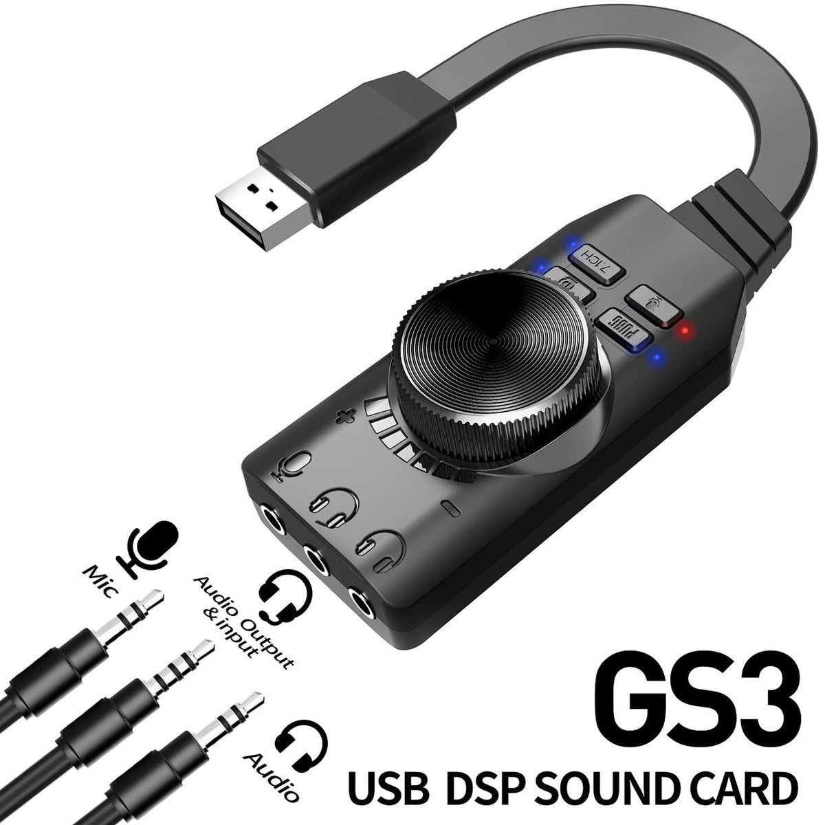 GS3 USB External Gaming Sound Card Virtual 7.1 Surround Sound 3.5mm Audio Adapter Volume Control Mic Mute EQ for PC Laptop Desktop PS4 PS5 Mac