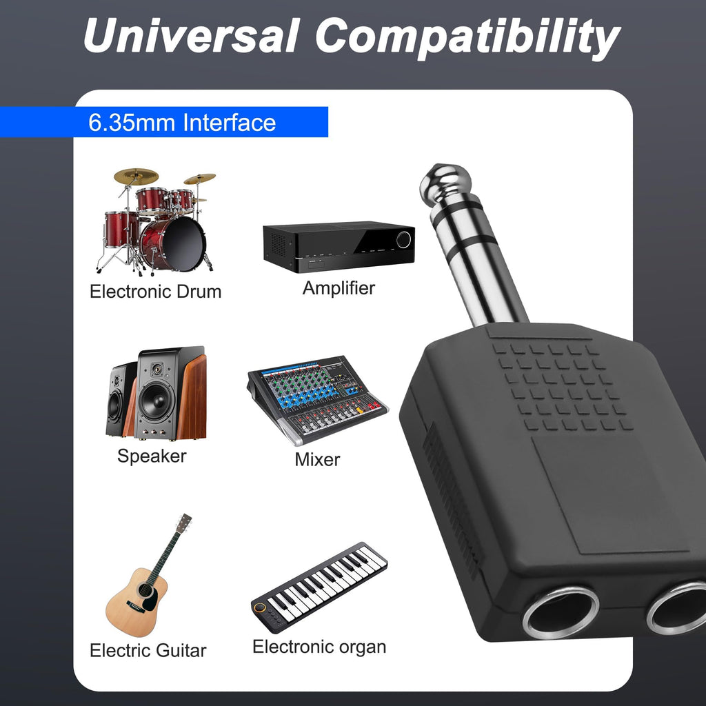 6.35mm to Dual 6.35mm Splitter 1/4 Inch TRS Male to Dual Female Stereo Audio Adapter 6.5mm Headphone Y Jack for Mixer Amplifier Speaker Guitar Piano