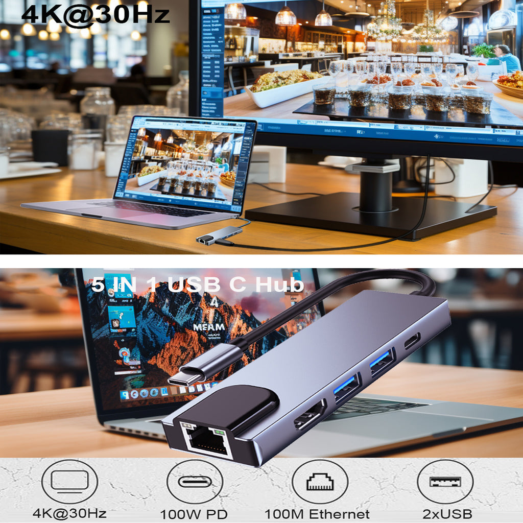5 in 1 USB C Hub 4K HDMI 100Mbps Ethernet 100W PD USB 3.0 USB 2.0 Multiport Adapter for MacBook Pro Air iPad Pro iPhone 16 15 Dell XPS