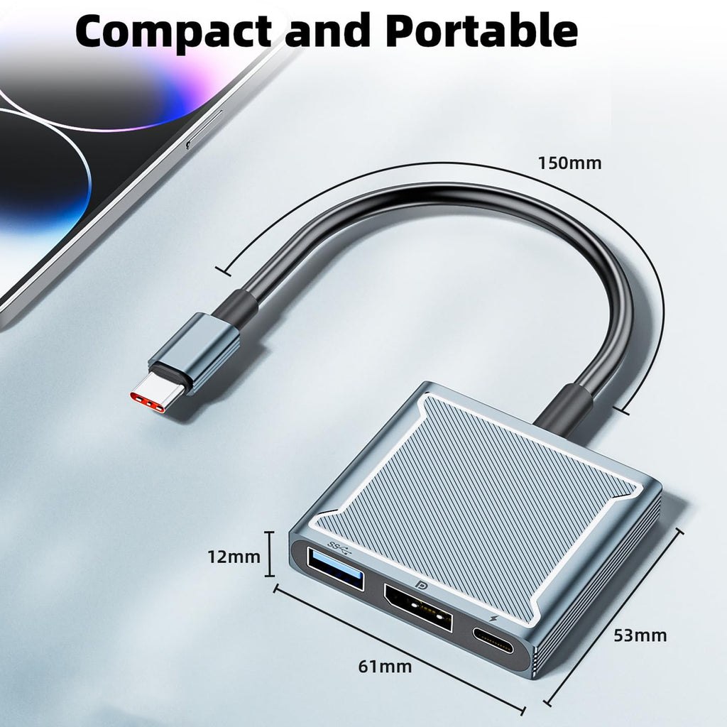 USB C to DisplayPort Adapter 8K 60Hz 4K 144Hz 3 in 1 Type C to DP Hub 100W PD Charging USB 2.0 Video Converter for MacBook Pro iPad Pro Laptop Monitor