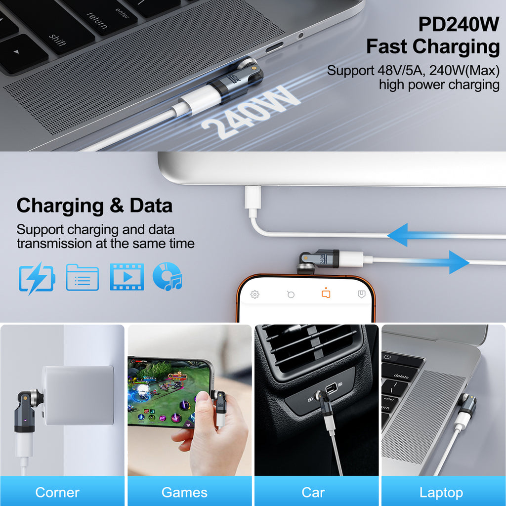 USB C Right Angle Adapter 240W PD Fast Charging 360 Degree Rotating 90 Degree for MacBook iPad iPhone 17 16 15 Samsung Galaxy Steam Deck Laptop
