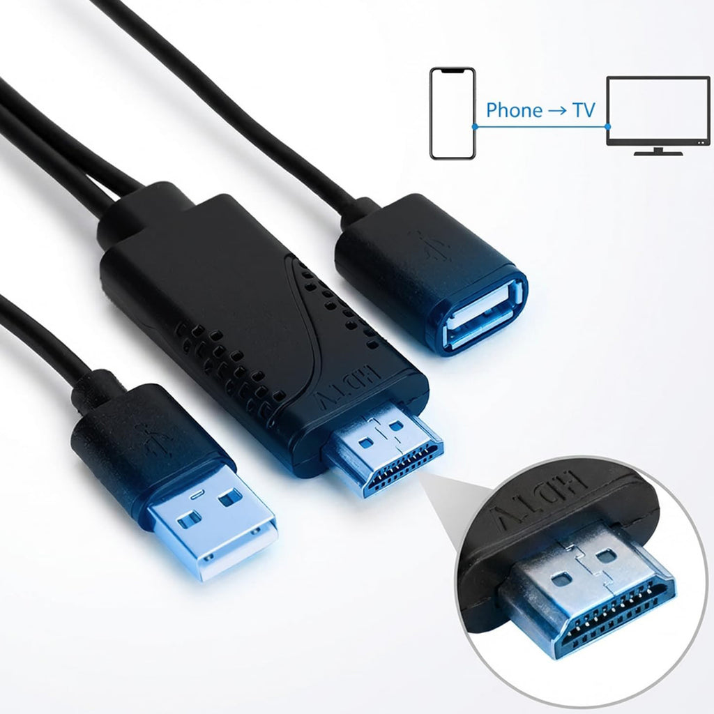 USB 2.0 Female Input to HDMI Male Output Phone Screen Mirroring Cable USB Power 5V 1A 1080p 1m for iPhone Android TV Monitor