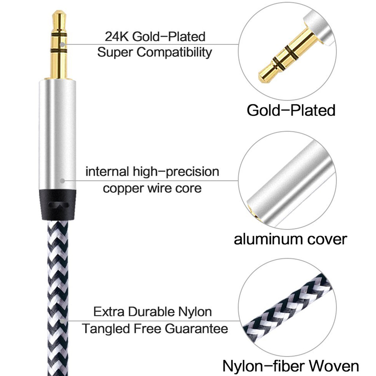 3.5mm Male to Male Aux Cable 3ft Braided 1/8 Inch TRS Stereo Audio Cord 3 Pole Gold Plated Car Aux Jack for Headphone Speaker PC Laptop Phone Tablet