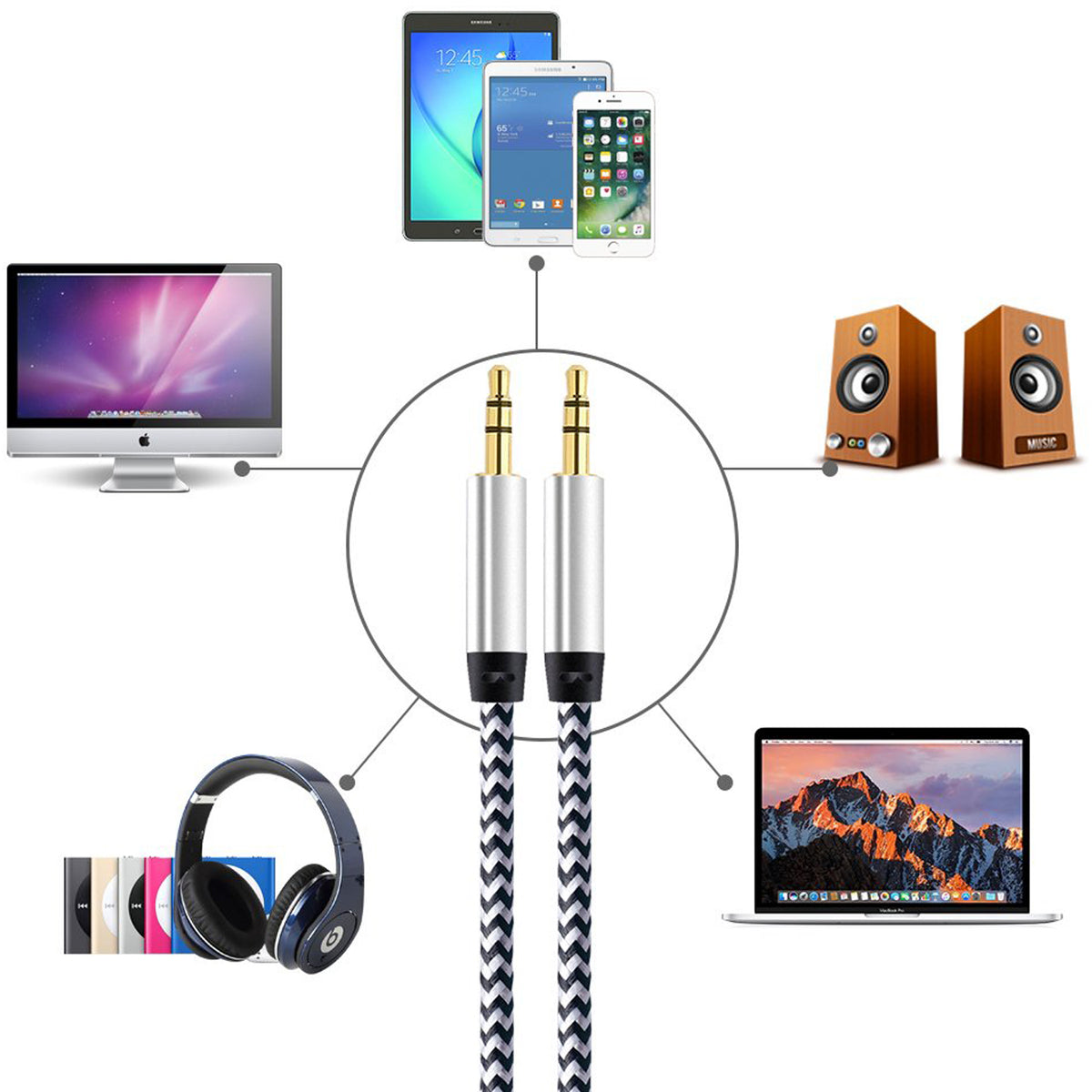 3.5mm Male to Male Aux Cable 3ft Braided 1/8 Inch TRS Stereo Audio Cord 3 Pole Gold Plated Car Aux Jack for Headphone Speaker PC Laptop Phone Tablet