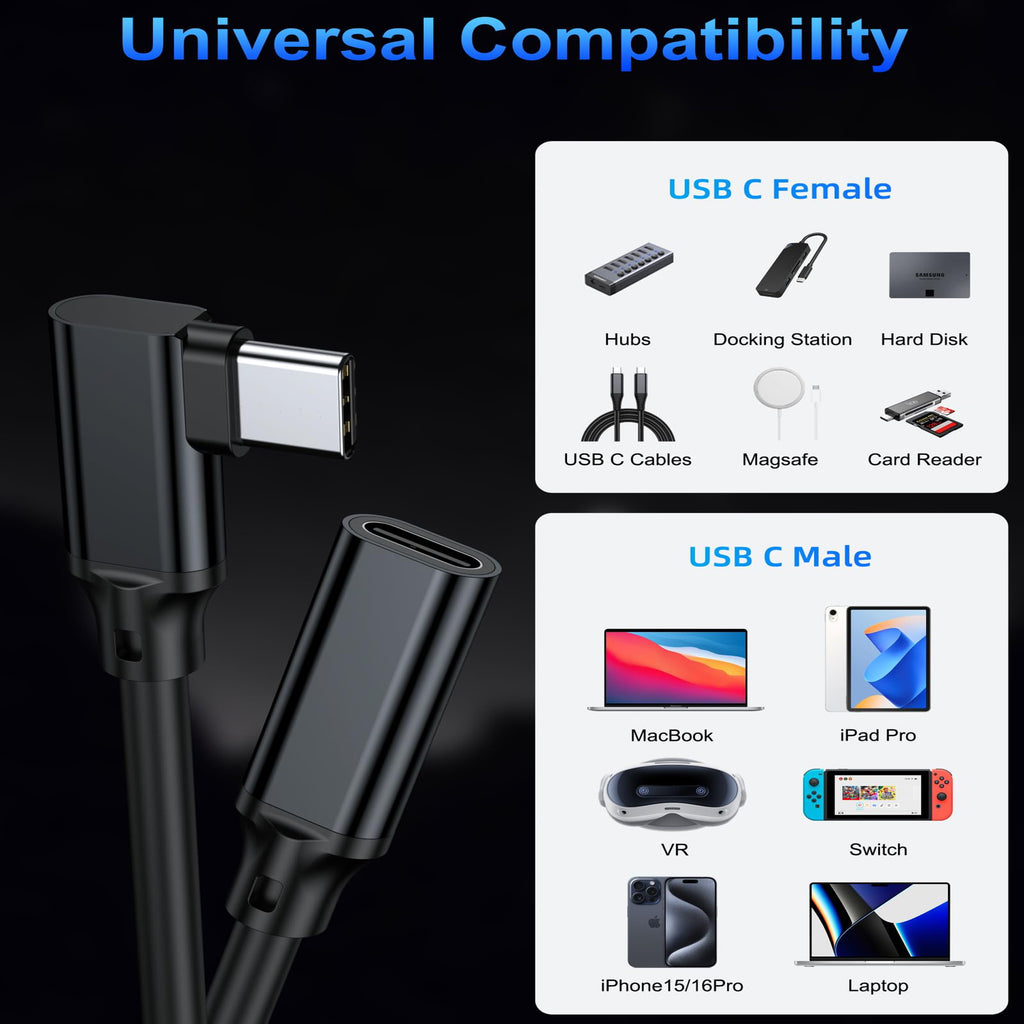 Right Angle USB C Extension Cable 90 Degree Type C Male to Female Extender Cord 240W 5A PD 20Gbps 8K 60Hz Video for MacBook iPad Steam Deck PSVR2 Dell