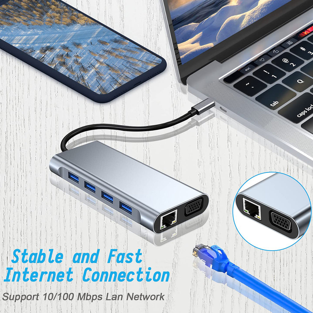 USB C Hub 11 in 1 Docking Station with 4K HDMI VGA RJ45 Ethernet USB 3.0 SD TF Card Reader 3.5mm Audio PD Charging for MacBook Pro Air