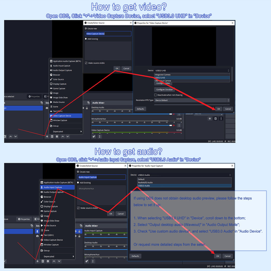 4K HDMI to USB 3.0 Type C Video Capture Card 1080P 60FPS 2-in-1 Dual Connector Cam Link Audio Video Grabber for Streaming Gaming Conferencing OBS
