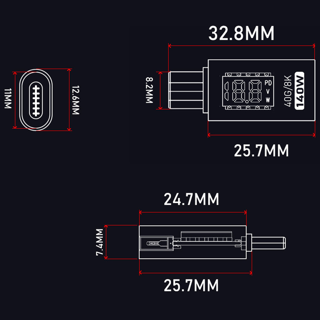 USB C Adapter LED Display 140W PD QC4 Fast Charging USB4 40Gbps 8K Video Transparent USB C Male to Female Power Meter for MacBook iPhone iPad