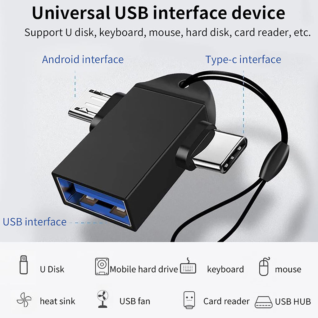 2 in 1 USB OTG Adapter USB 3.0 Female to USB-C and Micro USB Male Converter with Lanyard for Phone Tablet Flash Drive Keyboard Mouse