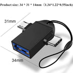 2 in 1 USB OTG Adapter USB 3.0 Female to USB-C and Micro USB Male Converter with Lanyard for Phone Tablet Flash Drive Keyboard Mouse