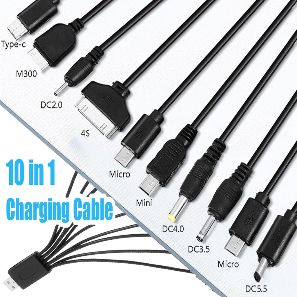 10 in 1 USB Multi Charging Cable Universal Charger Cord with 2 Micro USB USB C Mini USB DC Ports for Cell Phone Bluetooth Speaker MP3 MP4 Tablet