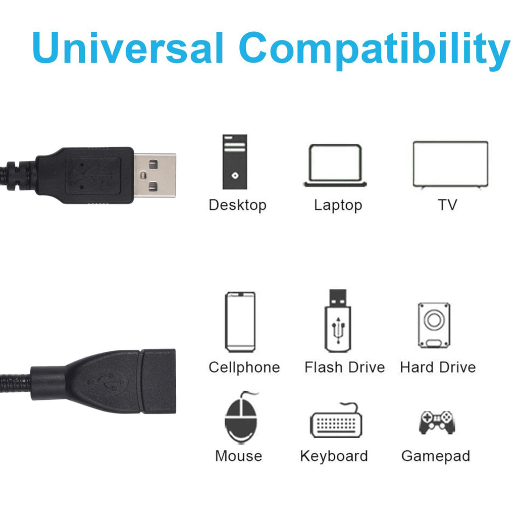 Flexible USB Gooseneck Extension Cable 1FT 30CM USB Type A Male to Female Bendable Metal Tube Stand Cord for Desk LED Lamp Fan Webcam Flash Drive PC