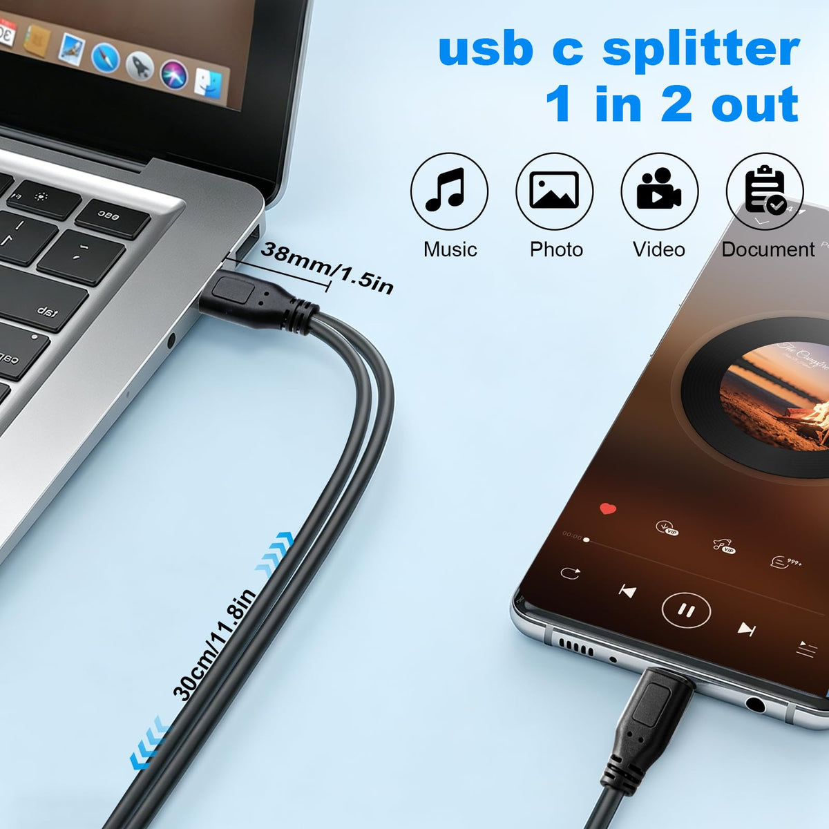 USB-C Male to Dual USB-C Male Y Splitter Cable 30cm Charge Two USB-C Devices Simultaneously Charging Only