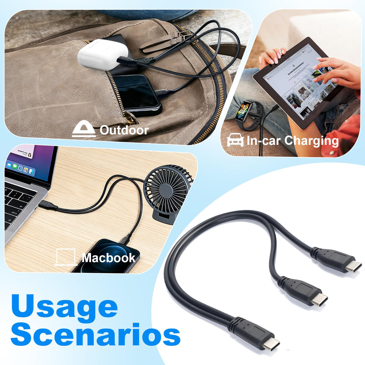 USB-C Male to Dual USB-C Male Y Splitter Cable 30cm Charge Two USB-C Devices Simultaneously Charging Only