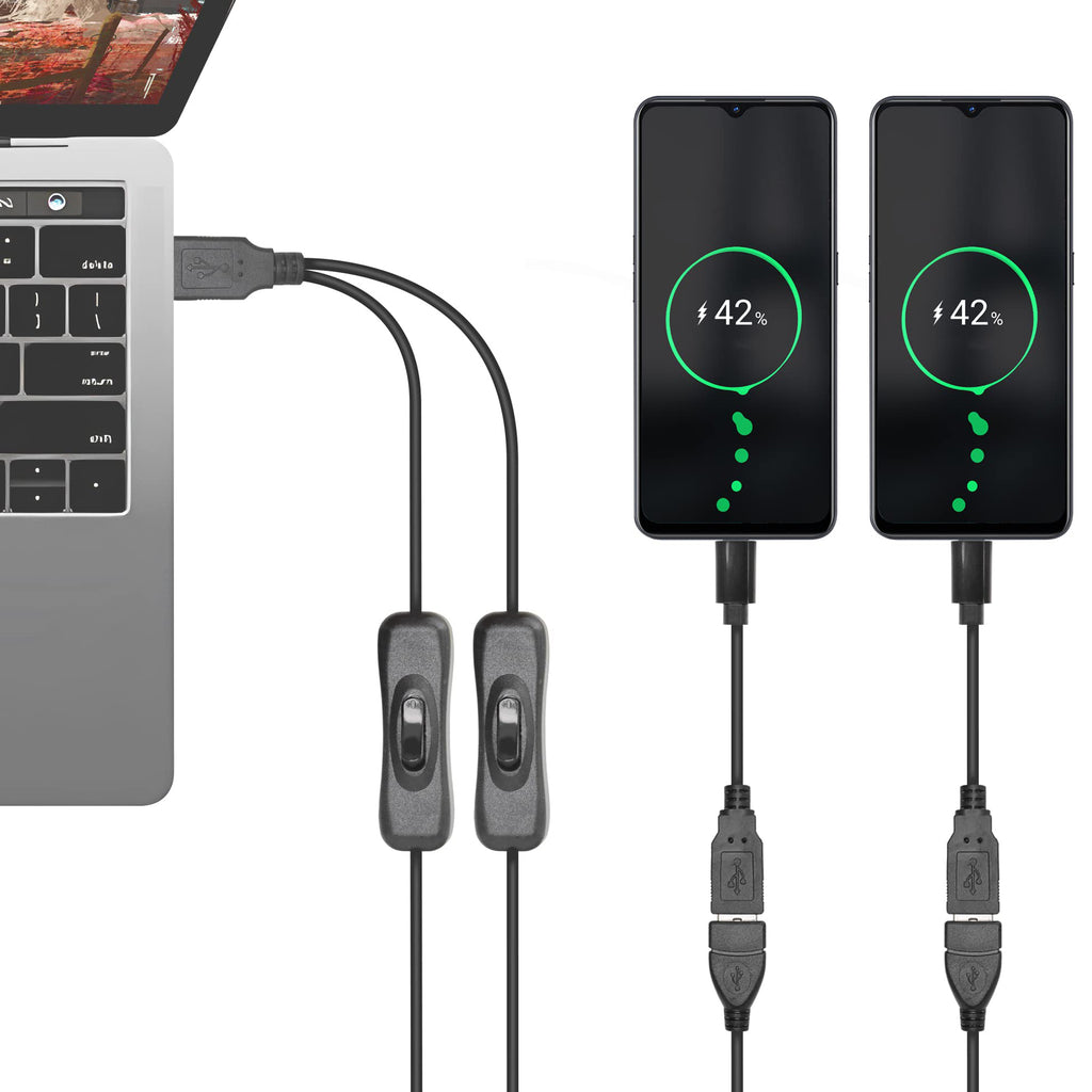USB Splitter Cable with Dual On Off Switches USB A Male to 2 USB Female Y Cord 1 Data Sync Power and 1 Charge Only Port Extender for Desk Lamp Fan PC