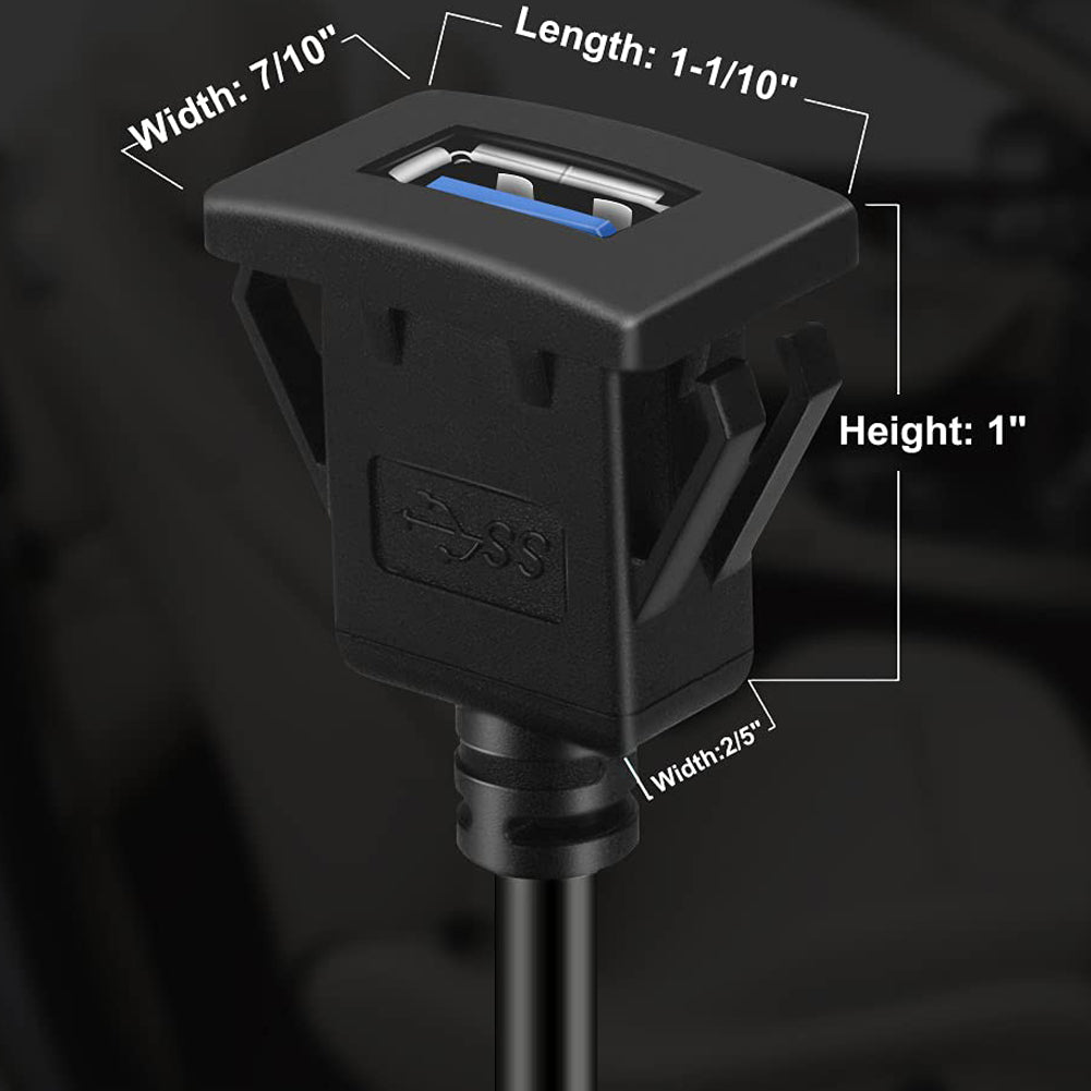 Square USB 3.0 Flush Panel Mount Extension Cable for Car, Boat & Motorcycle Dashboard