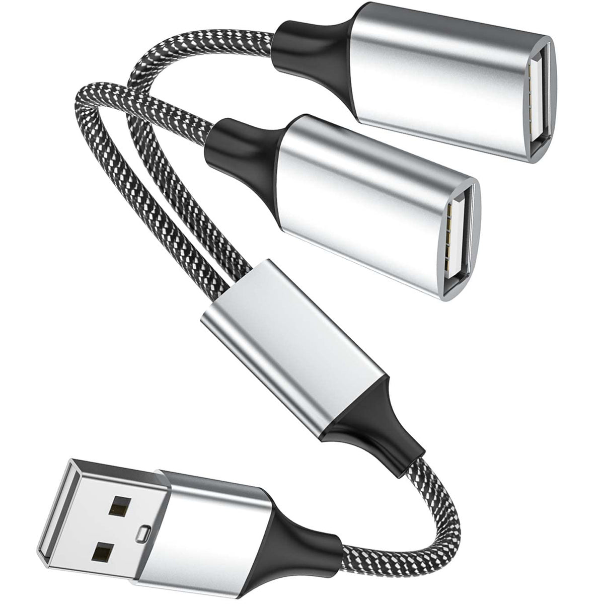 USB Splitter 1 in 2 Out USB A Male to Dual USB Female Y Splitter Cable Nylon Braided 480Mbps Data Sync and Charging Cord for PC Laptop Keyboard Mouse Flash Drive