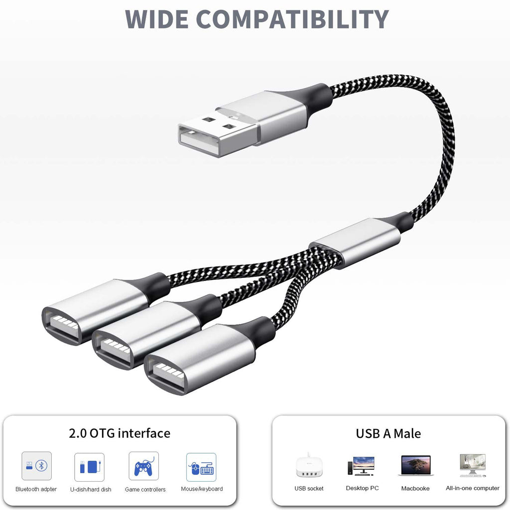USB Splitter 1 in 3 Out USB A Male to 3 Female Triple Port Y Cable Nylon Braided 480Mbps Data Sync and Charging Cord for PC Laptop PS5 PS4 Keyboard Mouse