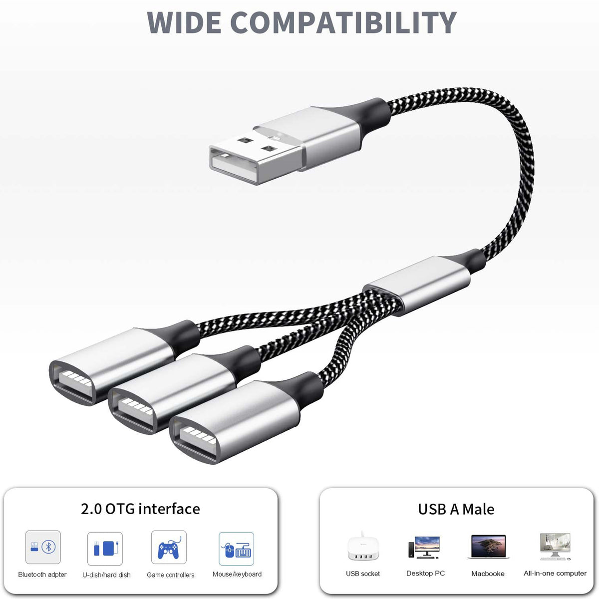 USB Splitter 1 in 3 Out USB A Male to 3 Female Triple Port Y Cable Nylon Braided 480Mbps Data Sync and Charging Cord for PC Laptop PS5 PS4 Keyboard Mouse