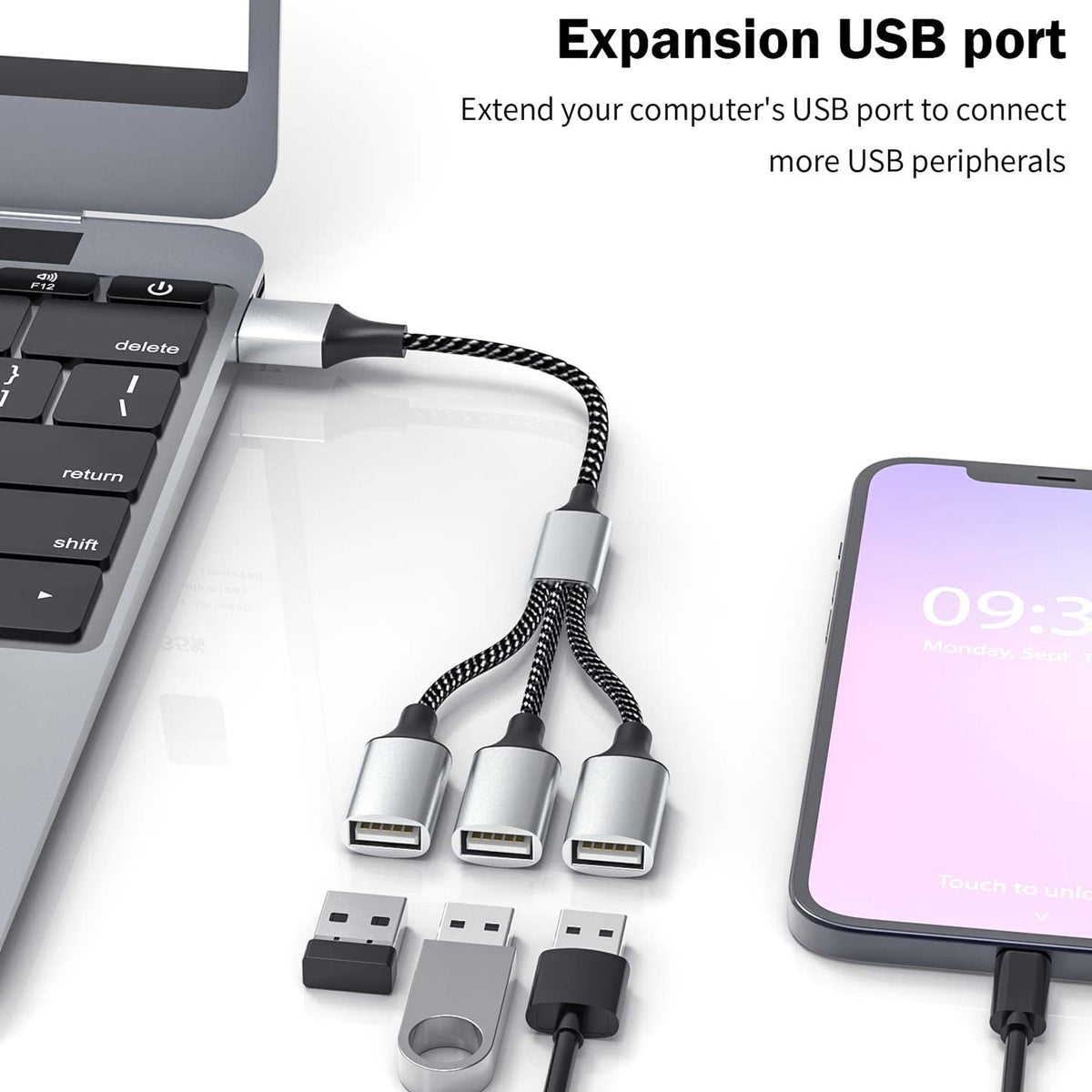USB Splitter 1 in 3 Out USB A Male to 3 Female Triple Port Y Cable Nylon Braided 480Mbps Data Sync and Charging Cord for PC Laptop PS5 PS4 Keyboard Mouse