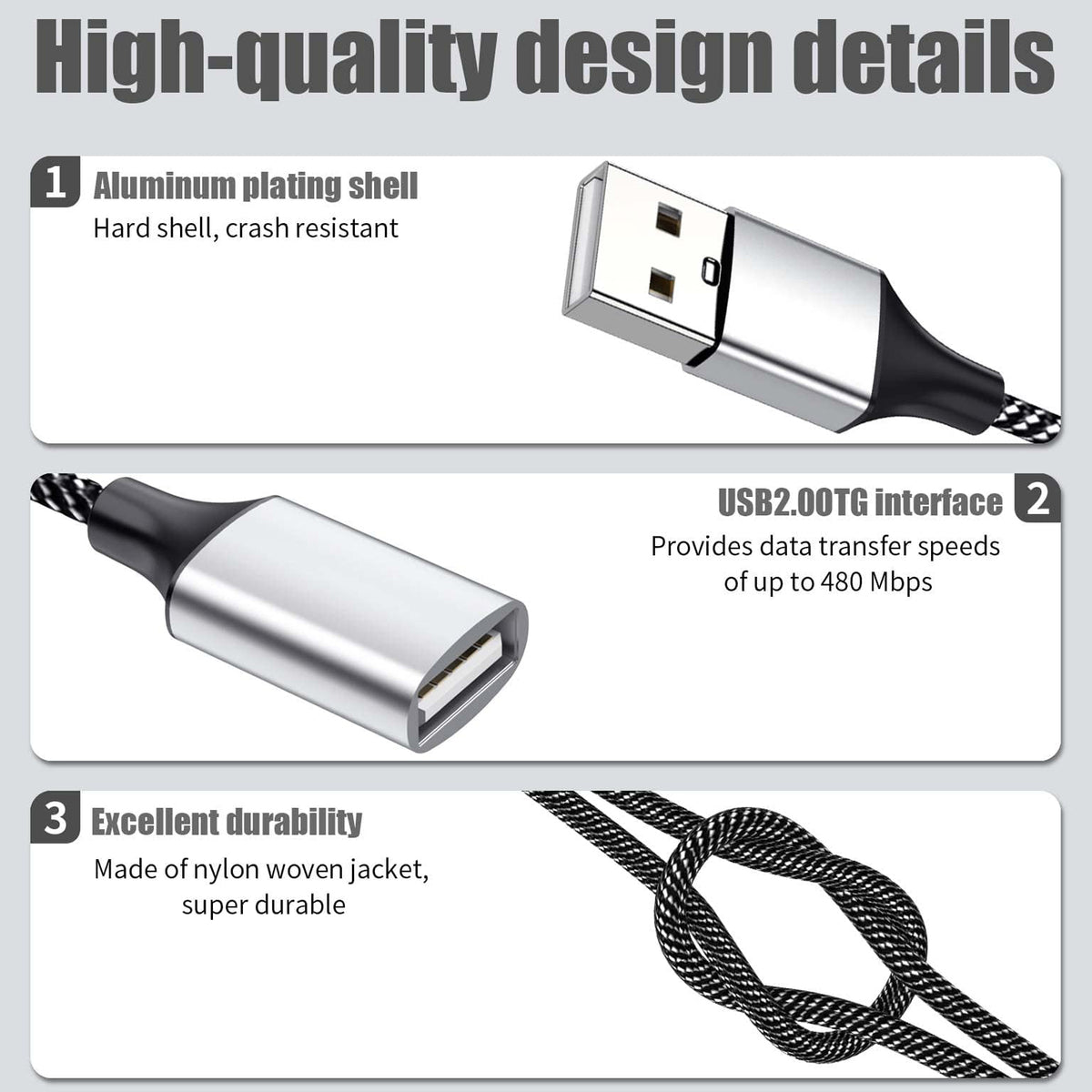 USB Splitter 1 in 3 Out USB A Male to 3 Female Triple Port Y Cable Nylon Braided 480Mbps Data Sync and Charging Cord for PC Laptop PS5 PS4 Keyboard Mouse