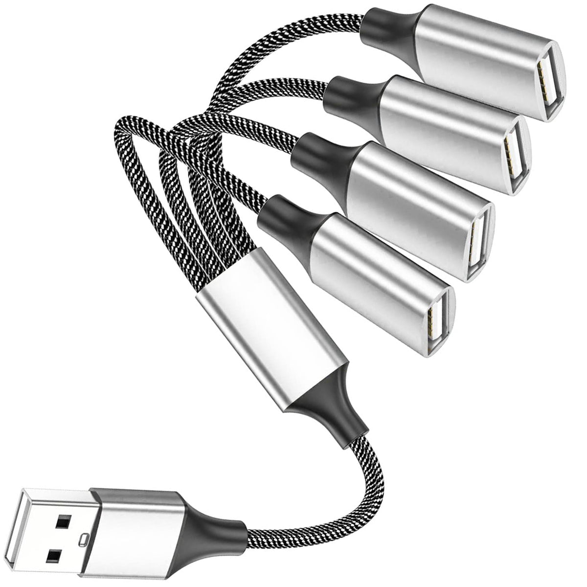 USB Splitter 1 in 4 Out USB A Male to 4 Female Quad Port Y Cable Nylon Braided 480Mbps Data Sync and Charging Cord for PC Laptop PS5 PS4 Keyboard Mouse