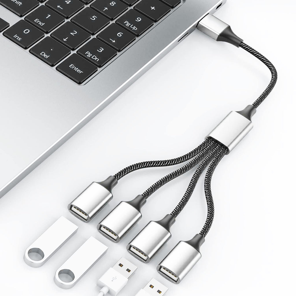 USB Splitter 1 in 4 Out USB A Male to 4 Female Quad Port Y Cable Nylon Braided 480Mbps Data Sync and Charging Cord for PC Laptop PS5 PS4 Keyboard Mouse