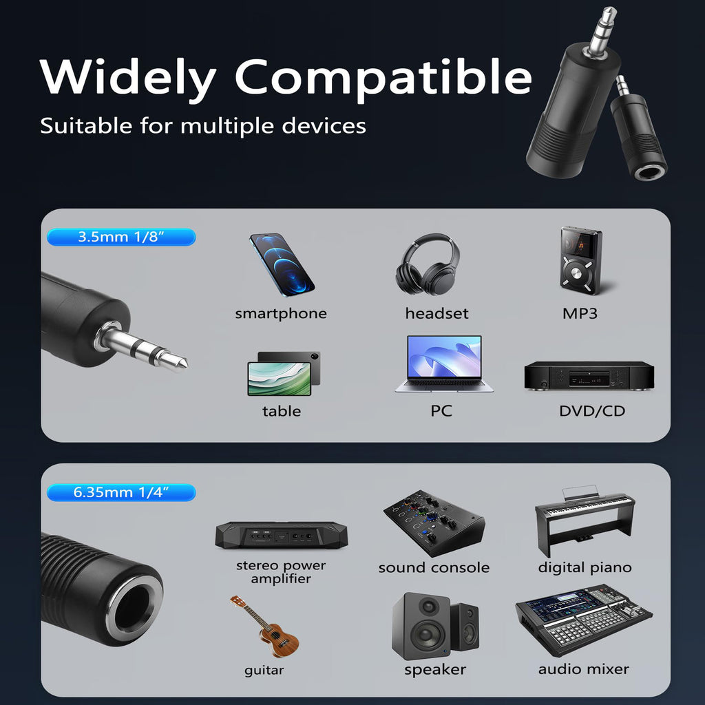 3.5mm Male to 6.35mm Female Audio Adapter 1/8 Male to 1/4 Female Stereo Headphone Jack Converter 6.5mm to 3.5mm TRS Plug for PC Speaker Amp Guitar Piano