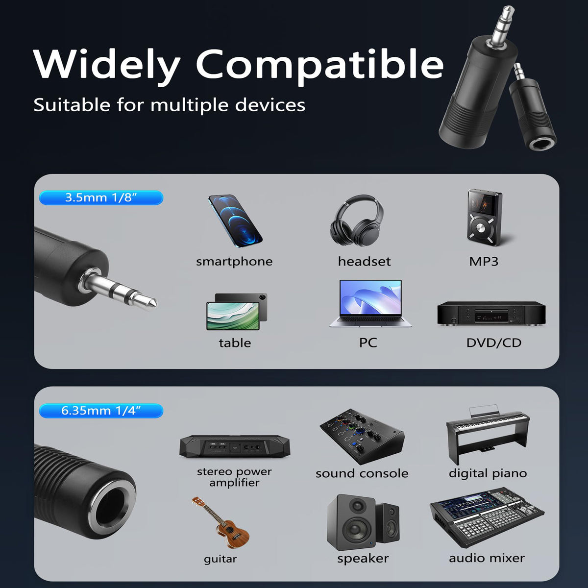 3.5mm Male to 6.35mm Female Audio Adapter 1/8 Male to 1/4 Female Stereo Headphone Jack Converter 6.5mm to 3.5mm TRS Plug for PC Speaker Amp Guitar Piano